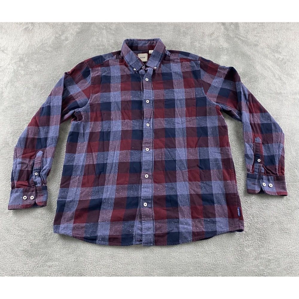 ROWM Mens Large‎ Plaid Flannel Shirt Burgundy Blue Nep Flecked Button Down L